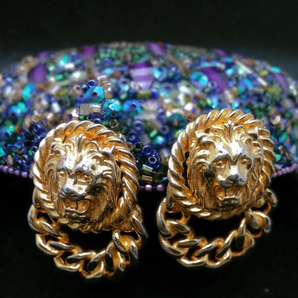 Vintage Lion Head Earrings Door Knocker Clip On Gold Tone Cuban Chain Link Loop - Picture 8 of 10